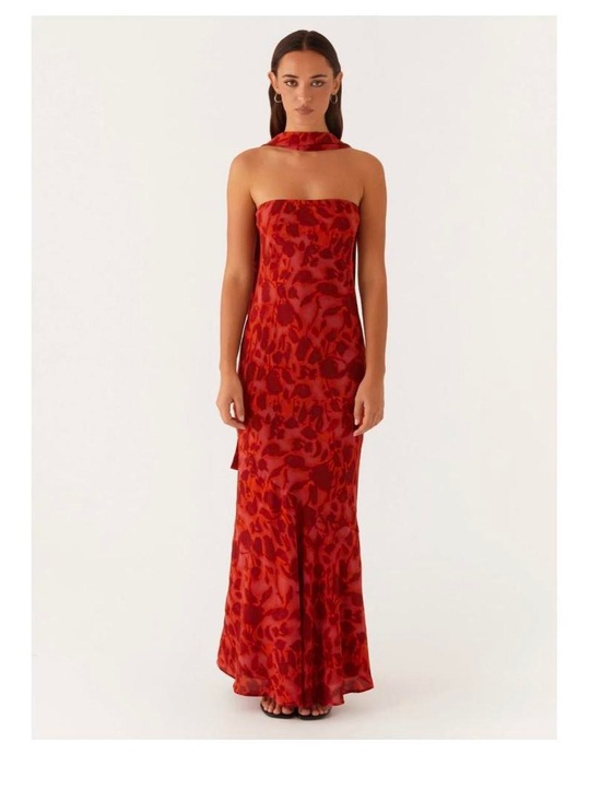 Peppermayo Dresses & Skirts - Red Strapless Maxi Dress with Floral Burnout